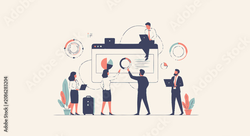 Business team collaborating on web development and data analysis flat vector illustration.