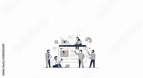 Business team collaborating on website design and data analytics illustration.