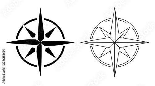 Minimalist Compass Rose Icons in Solid and Outline Style