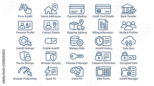 Browser autofill and password security line icon set.