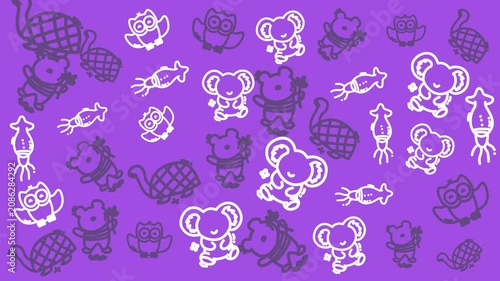 Cute Cartoon Animals Pattern Seamless Background Purple Owl Koala Turtle Squid Illustration