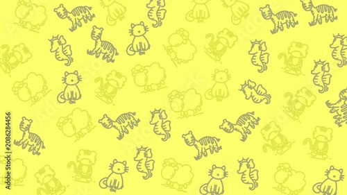 Cute Cartoon Animal Pattern Seamless Background Yellow Kitten Tiger Sheep Seahorse