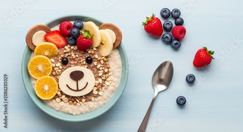 Cute bear shaped bowl of healthy breakfast with fresh fruits and granola