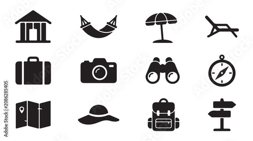 Fotografía Travel icons, vacation symbols, tourism signs, exploration graphics, 10 black ve