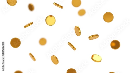 Realistic falling golden coins isolated on transparent or white background. Luxury financial concept representing wealth, prosperity, business success, investment, savings, rewards, and profitable 