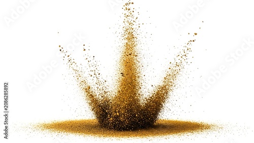 Dynamic golden dust explosion isolated on white background. Elegant sparkling particle burst perfect for luxury branding, festive celebrations, product advertisements, motion graphics, premium posters