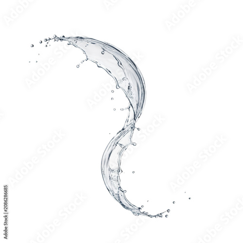 A dynamic splash of clear liquid forming a curved wave shape with scattered droplets, isolated on a white background, for use