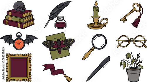 Foto Dark academia icons vector set with vintage books, skull, quill, candle, magnify