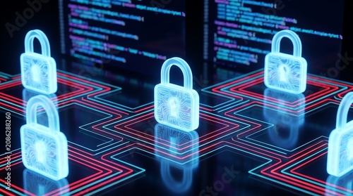 Multiple glowing security padlock icons connected by red and blue circuit lines on dark background representing networked cybersecurity and system defense