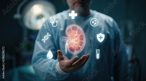 Doctor Holding 3D Holographic Human Kidney with Medical Icons, Showcasing Nephrology Innovation, Digital Healthcare Technology, Clinical Diagnosis, Organ Anatomy, Precision Medicine, Future Healthcare
