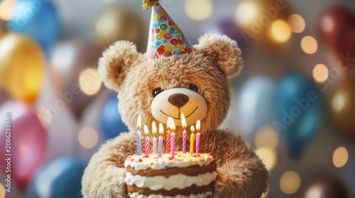 Smiling teddy bear wearing a party hat and holding a birthday cake with lit candles, perfect for birthday cards, children's celebrations, or playful party themes.