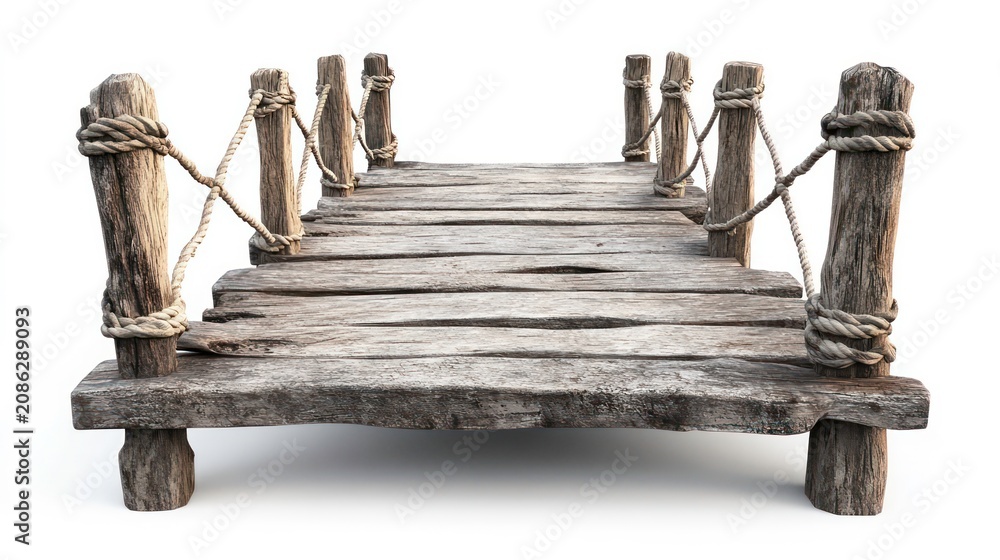 Obraz premium Rustic wooden footbridge with rope railings, isolated on a white background. Perfect for conveying concepts of transition, connection, or outdoor adventure.