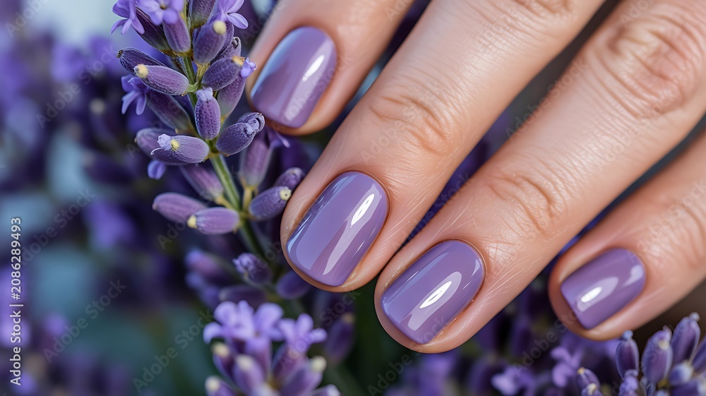 Fototapeta premium Lavender purple manicure with elegant glossy nail polish and flowers