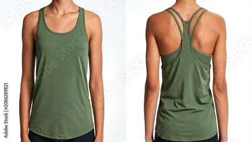 Woman modeling olive green athletic tank top front and back view for activewear product display and e commerce use