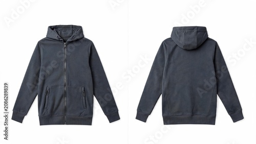 Dark gray zip up hoodie front and back view for apparel product display and e-commerce use