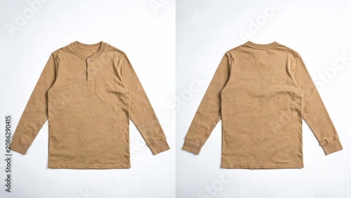 Tan long sleeve henley shirt front and back view on white background for apparel product display and e-commerce listing