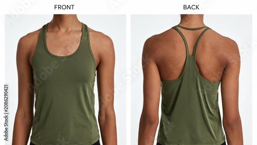 Woman modeling olive green athletic tank top front and back view for activewear product display and e commerce use