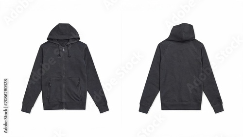 Black zip up hoodie front and back view on white background for apparel design and e commerce product display