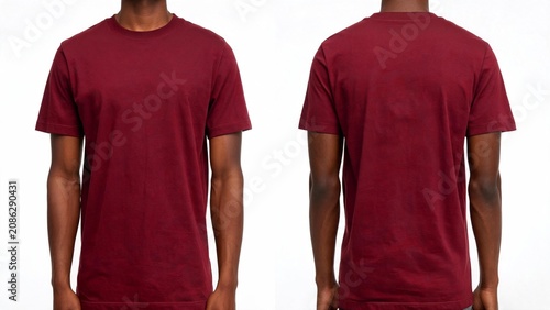 Man wearing plain maroon t-shirt front and back view for apparel mockup and product design