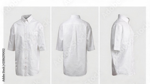 White short sleeve button down shirt front back and side views for product display and e commerce use