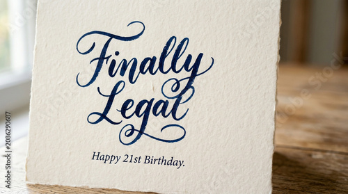 Finally Legal 21st birthday card with elegant calligraphy, textured cream paper greeting card for milestone celebration, luxury stationery