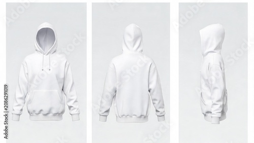 White hoodie sweatshirt front back and side views for apparel design mockup and product presentation