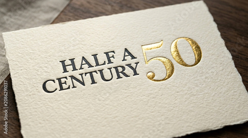 Elegant 50th birthday card with gold foil, half a century anniversary greeting on textured paper, luxury gold letterpress invitation