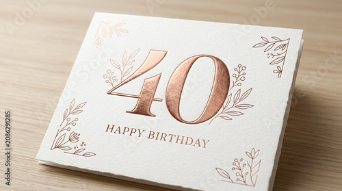 Elegant 40th birthday card with rose gold foil, luxury happy birthday greeting card on wood background, floral anniversary invitation