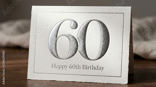 Elegant 60th birthday greeting card with silver embossed numbers, luxury white textured paper for diamond anniversary, minimalist celebratory stationery