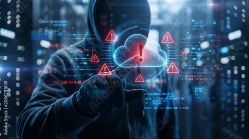 Hacker touching glowing cloud computing security alert hologram in dark server room representing data breach and unauthorized access to remote data storage systems and digital assets