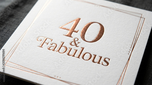 Rose gold foil 40 and Fabulous birthday card, elegant embossed 40th anniversary invitation, luxury white textured paper with metallic copper lettering