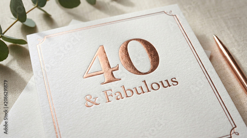 Elegant 40 and Fabulous birthday card with rose gold foil, luxury 40th anniversary greeting card, sophisticated white stationery with copper metallic text