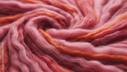 A soft, swirling vortex of pink and orange wool fibers. The close-up macro shot emphasizes the texture and gradient of colors, creating a sense of movement and depth.