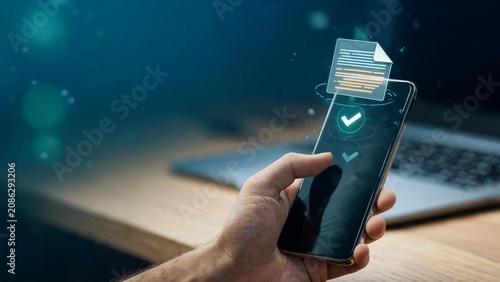 Hand holding smartphone with holographic document and checkmark icon for digital approval workflow and mobile verification