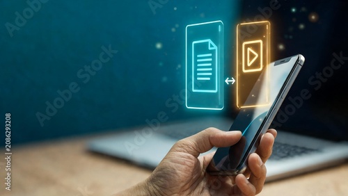 Hand holding smartphone with glowing document and video icons floating above screen for digital content conversion concept