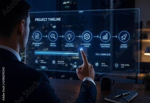 Businessman finger touching glowing workflow step process screen with loading bar indicator