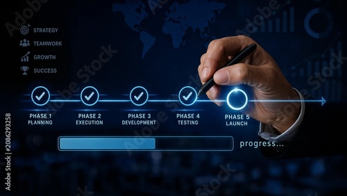 Hand using stylus pen to complete digital process checklist tracking bar on bright background