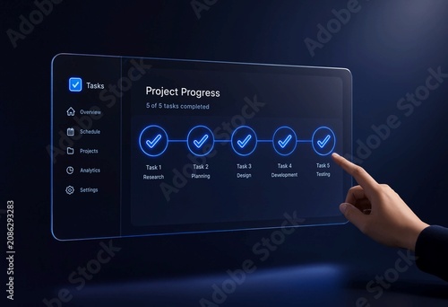 Business person using stylus on project milestones milestone tracker screen with progress bar