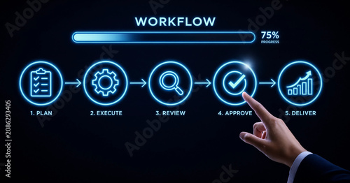 Businessman touching digital task management interface dashboard showing completed project progress