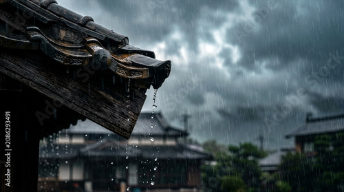 Rain dripping from the wooden eaves of a traditional Japanese roof on a gloomy, storm-filled day