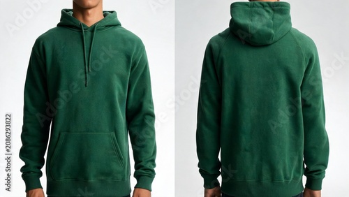 Man wearing green hoodie front and back view for apparel product display and e-commerce use