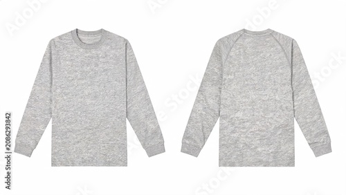 Gray long sleeve crew neck sweatshirt front and back view for apparel mockup and design template