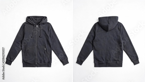Black zip up hoodie front and back view on white background for apparel mockup and product design
