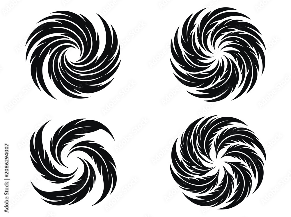 Fototapeta premium Set of four black and white abstract spiral swirl designs with dynamic motion and artistic visual effect