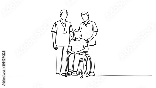 Foto Continuous line drawing of a caregiver and a helper standing next to a disabled