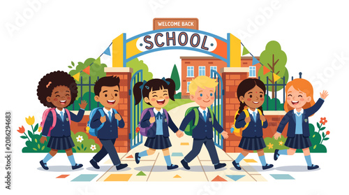 Diverse group of happy school children walking through school gates for back to school season