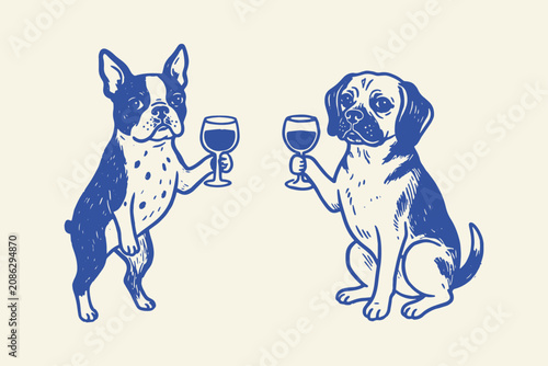 Obraz na płótnie Boston terrier and pug dogs drinking wine Vector, illustration