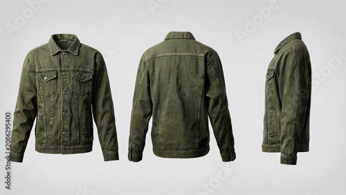Olive green denim jacket front back and side views for product mockups and e-commerce listings