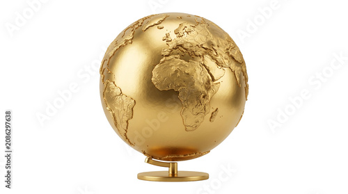 Golden globe of Earth isolated on transparent background, world map sphere, symbol of global business and travel.