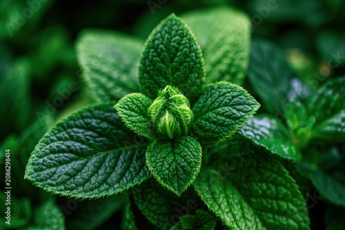 Fresh green mint leaves macro closeup, organic herb plant with vibrant texture. Natural healthy botanical ingredient for tea